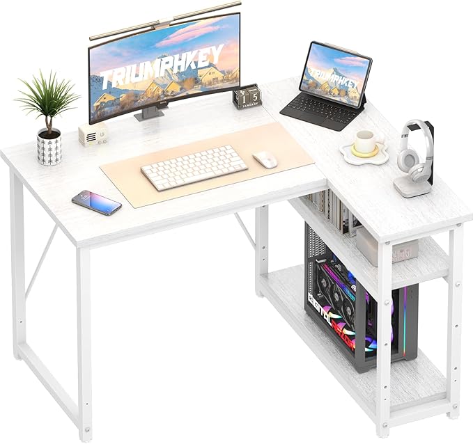 100 * 80cm L Shaped Computer Desk with Reversible Large Storage Shelves, Corner Desk Computer Workstation Matching Under Desk Height Adjustable Storage, Home Office Work Table White