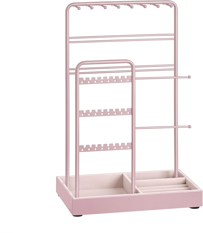 SONGMICS Jewellery Stand, Jewellery Organiser, Jewellery Display Stand with Metal Frame and Velvet Tray, Earring Bracelet Holder, Necklace Stand, for Studs, Rings, Gift Idea, Jelly Pink JJS021R01