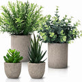 Fake Plants Set of 4 Paper Pulp Decorative Artificial Plant Eucalyptus, Rosemary, Small Succulents Faux Plants for Office Desk Bedroom Kitchen House Decoration
