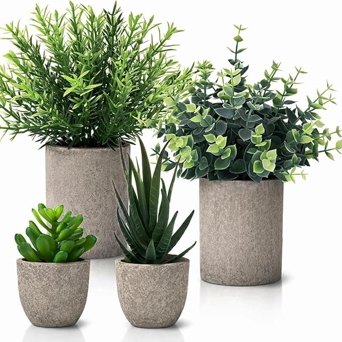 Fake Plants Set of 4 Paper Pulp Decorative Artificial Plant Eucalyptus, Rosemary, Small Succulents Faux Plants for Office Desk Bedroom Kitchen House Decoration