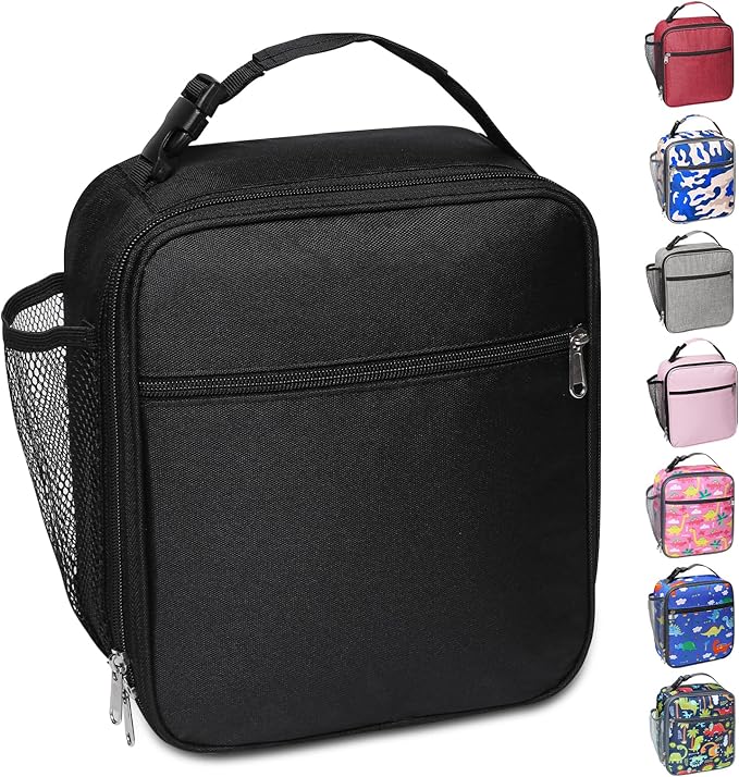Portable Insulated Lunch Bag with Side Mesh Pocket for Adults/Kids/Men/Women,Water-Resistant Leakproof Soft Cooler Bag Durable Thermal Lunch Box for Work/School/Picnic/Outdoor(Black)