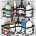 Yazoni Corner Shower Caddy, Adhesive Shower Shelves No Drilling [2-Pack], Rustproof Stainless Steel Bathroom Organizer Wall Mounted with 8 Hooks (Black)