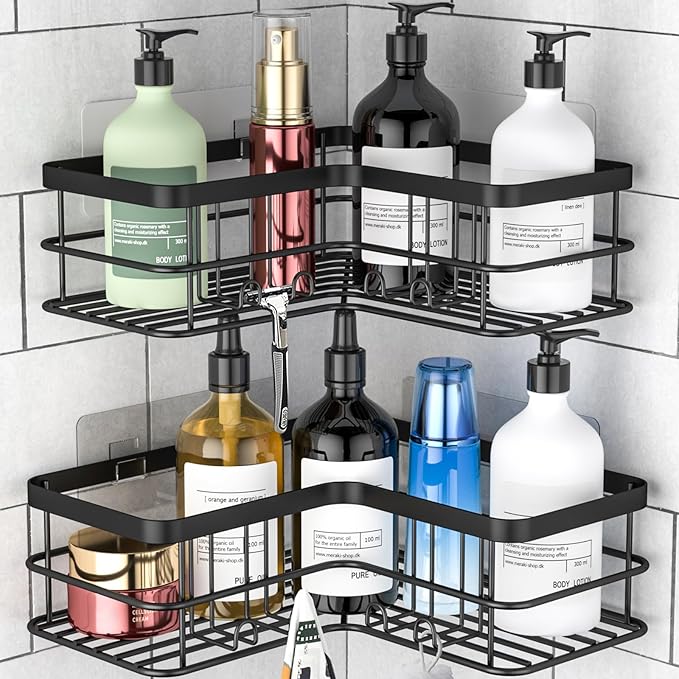 Yazoni Corner Shower Caddy, Adhesive Shower Shelves No Drilling [2-Pack], Rustproof Stainless Steel Bathroom Organizer Wall Mounted with 8 Hooks (Black)