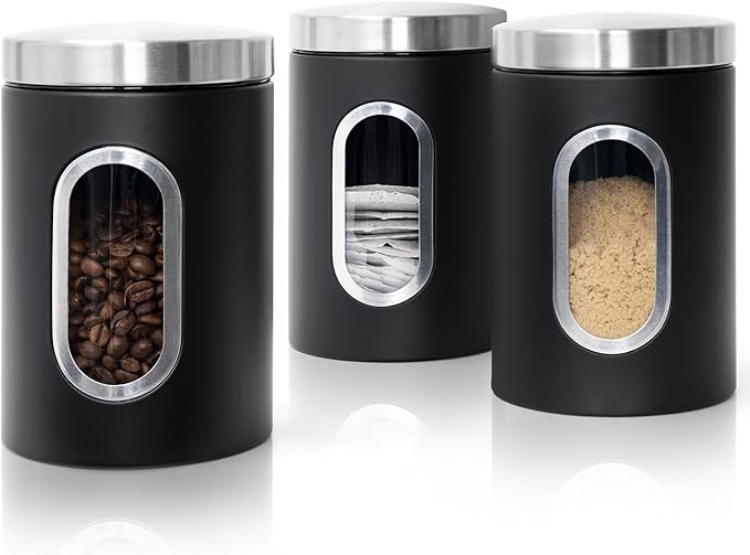 Tea Coffee and Sugar Canisters Set, 3 Pack Stainless Steel Kitchen Canisters, 17 x 11 cm Versatile Coffee and Tea Storage Jars, Transparent Window Airtight Biscuit Container Set