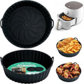 Alyvisun Air Fryer Silicone Liners, 2PCS Reusable Airfryer Basket Baking Tray Inserts Versatile Round Rack Pot for Microwave, Oven (Black)