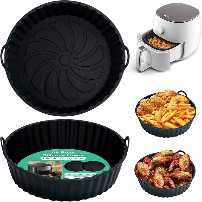 Alyvisun Air Fryer Silicone Liners, 2PCS Reusable Airfryer Basket Baking Tray Inserts Versatile Round Rack Pot for Microwave, Oven (Black)