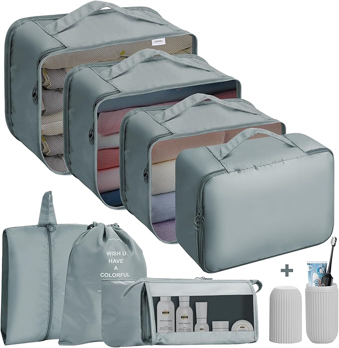 Jsdoin Packing Cubes for Suitcase,9 PCS Travel Luggage Packing Cubes for Backpack, Waterproof Essentials Suitcase Organiser Bags, Travel Accessories (Grey)