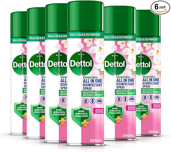 Dettol All In One Disinfectant Spray, Orchard Blossom, 6 x 300 ml Multipack, Fresh Pet & Shoe Sanitiser, Sofa Cleaner, Antibacterial Liquid, Ideal for Home Hygiene