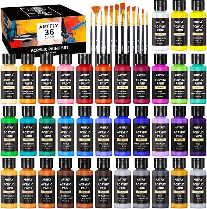 ARTFLY Acrylic Paint Set, 36 Colors in 2oz/60ml Bottles with 12 Paint Brushes, Non-Toxic, Waterproof, Rich Pigments for Artists, Students, Beginners on Rocks, Canvas, Wood, Fabric, Ceramic