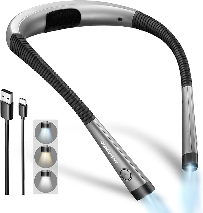Glocusent Reading Light Book Light, Orignal Neck Light with 3 Colors & 6 Brightness Levels, Bendable Arms, Rechargeable Book Lamp, Long Lasting, Perfect for Reading, Knitting, Camping