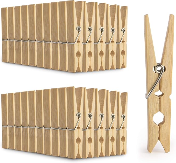Bamboo Pegs - Pack of 100 | Wooden Clips | Strong Clothes Peg for Washing Lines | Arts Crafts & Photo Hanging Crafting | Washing and Laundry Clothespins | Pukkr
