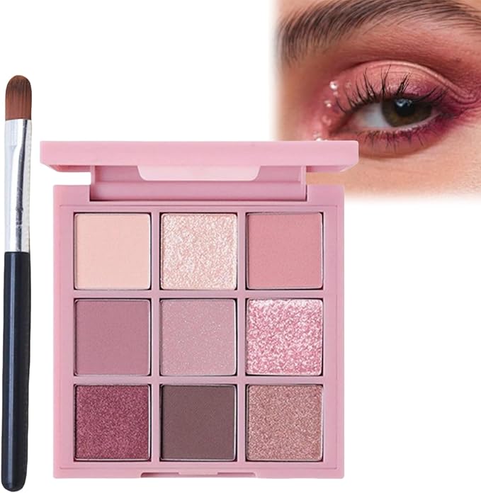 Pink Make-Up Palette - 9 Colour Glitter Matte & Shimmer Glitter Eye Shadow Pallets, Bright Eyeshadows, Long Lasting & Highly Pigmented