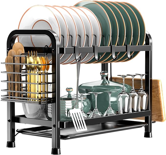 2 Tier Dish Drainer Rack with Drip Tray, Dish Drying Rack with Utensils Holder, Durable Stainless Steel Dish Rack for Kitchen Counter, Black
