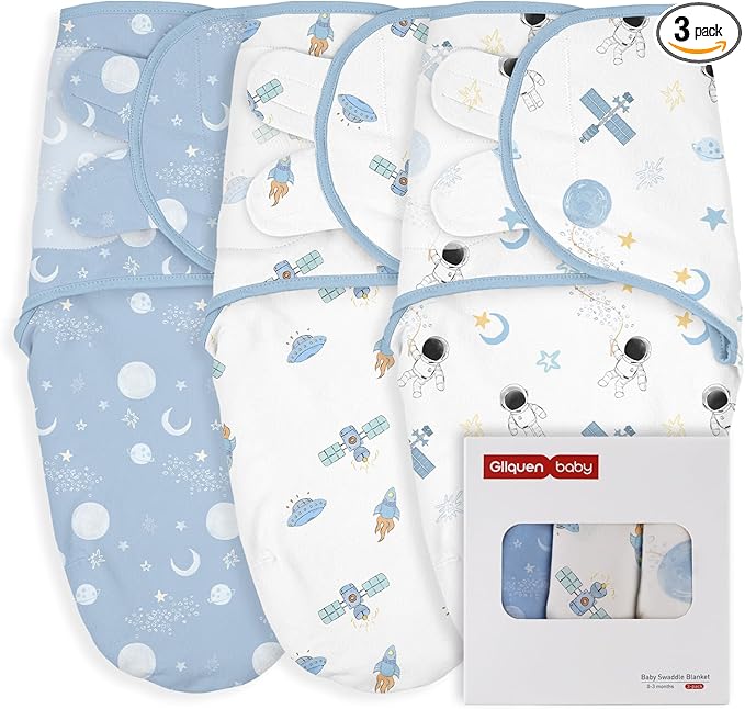GLLQUEN BABY Baby Swaddle Wraps for 0-3 Months Newborn,Oeko-tex100,100% Breathable Organic Cotton Fabric Swadding Blankets,3 Pack(Astronaut)