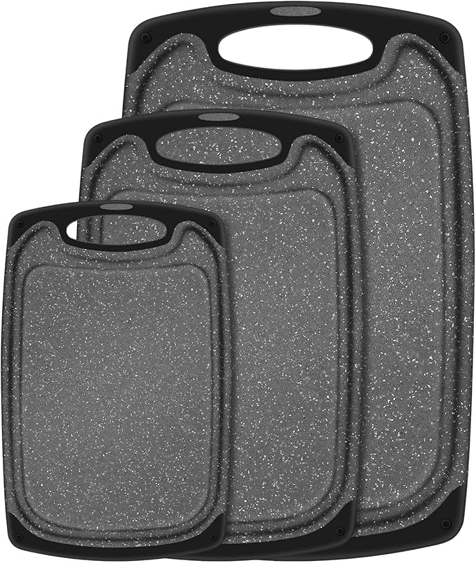 Chopping Board Set of 3, Small to Large, Chopping Boards for Kitchens with Non-Slip Feet and Deep Drip Juice Groove, Easy Grip Handle, BPA Free, Dishwasher Safe Cutting Board (Black)