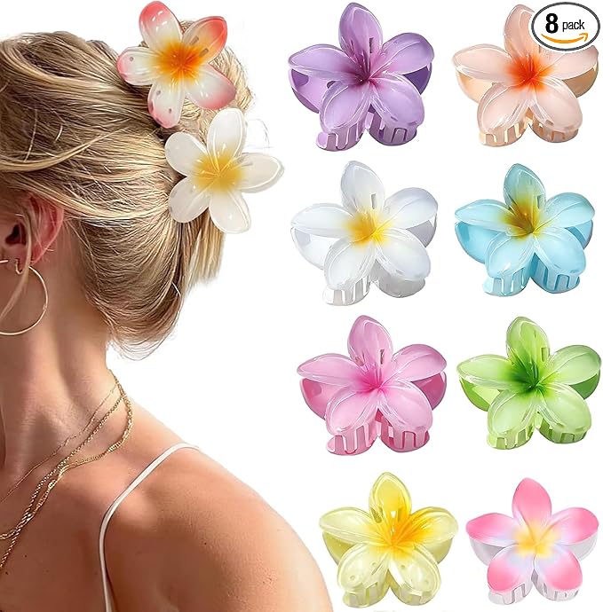 Flower Claw Clips,8PCS Hair Clips, Hawaiian Flower Clips,Strong Hold Big Hair Claw Clips for Thick/Thin Hair for Women,Cute Hair Claw Accessories
