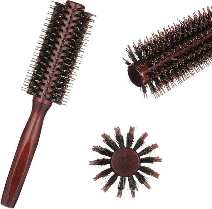 1 Pack Boar Bristle Round Brush Round Hair Brush, Wooden Handle Styling Brush Anti Static Quiff Roller Hair Comb for Men and Women, Straightening and Curling, Wet and Dry Hair