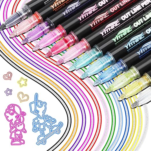 YITHINC Glitter Pens Outline Marker Pen, Arts and Crafts Gift for Kids Girls, Teenage Girls Gift, 12 Sparkle Metallic Colouring Pens, Easter Gifts for 4 5 6 7 8 9 10 11 12 Year Old Girls