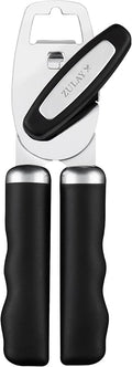 Zulay Kitchen Tin Opener - Heavy Duty Can Opener Manual with Bottle Key - Rust Proof, Stainless Steel, Arthritis-Friendly, Hand Tool for Seniors with Turn Knob & Comfy Soft Good Grip Handles - Black