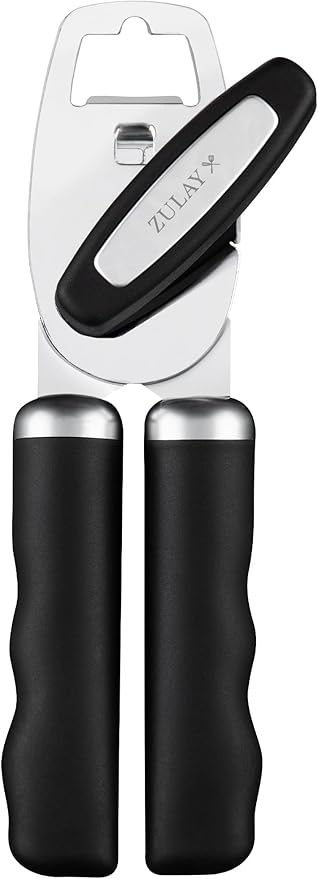 Zulay Kitchen Tin Opener - Heavy Duty Can Opener Manual with Bottle Key - Rust Proof, Stainless Steel, Arthritis-Friendly, Hand Tool for Seniors with Turn Knob & Comfy Soft Good Grip Handles - Black