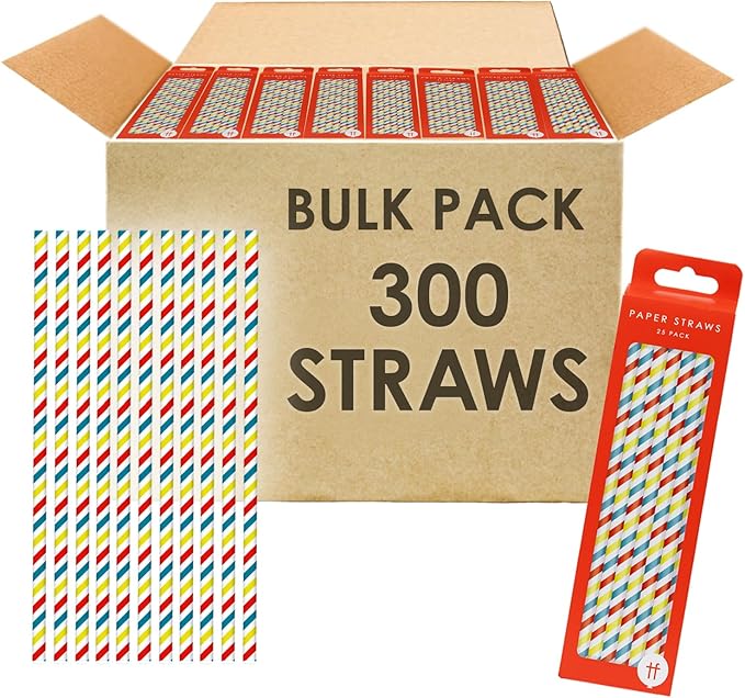 Table Fun 300 x Bulk Stripy Paper Straws Cocktail Disposable Striped Drinking Straws for Birthday, Wedding, Party, Catering, Bar, Yellow, White, Green, Pink, Blue, 19.5 cm