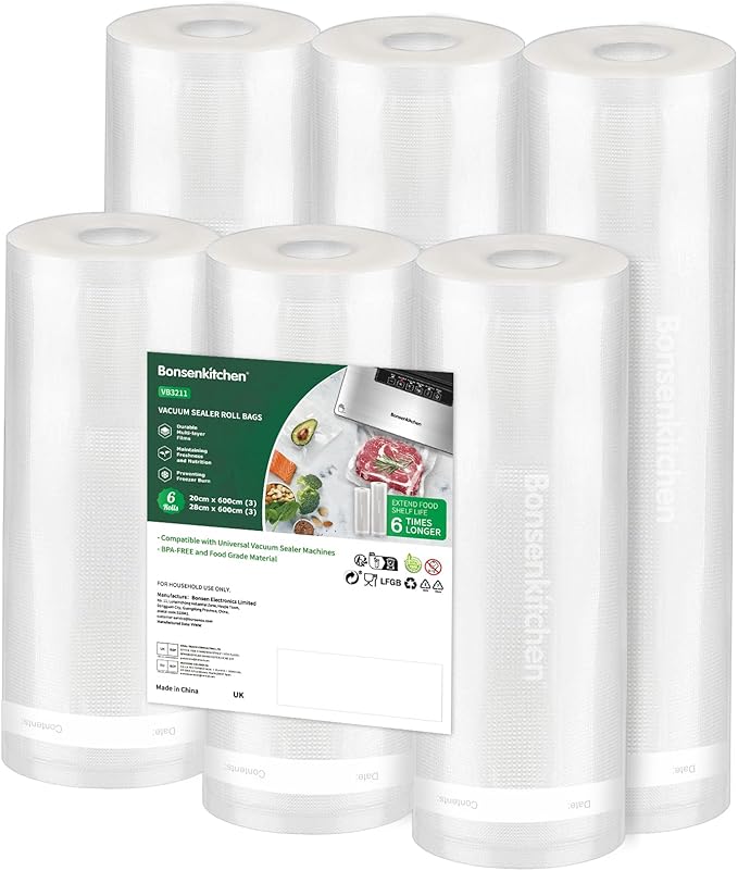 Bonsenkitchen 6 Packs Vacuum Sealer Rolls Bags, 3 Rolls 28 x 600cm + 3 Rolls 20 x 600cm Storage Bags, Durable Commercial Customized Size Food Bags for Food Storage and Sous Vide Cooking, VB3211