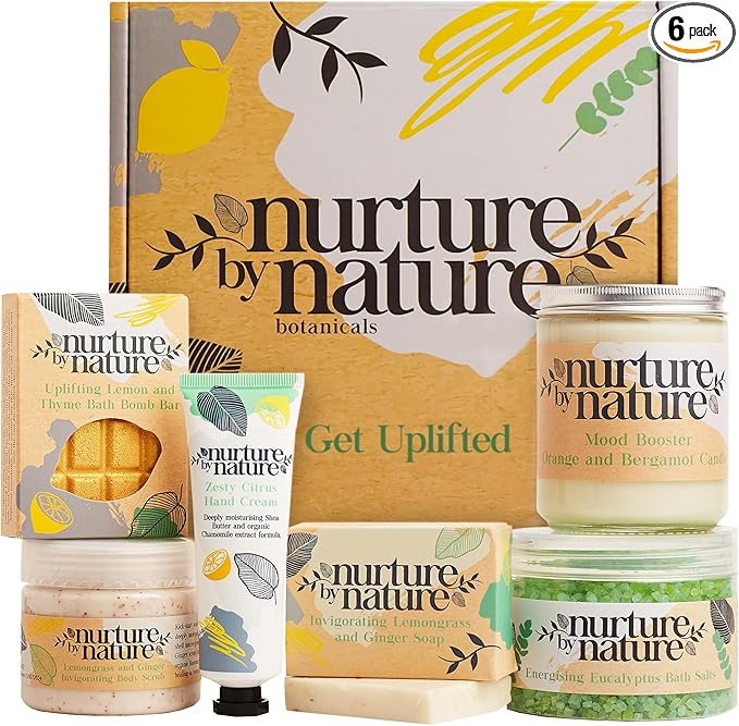 NURTURE BY NATURE Spa Gift Set – 6 Piece Uplifting Pamper Gift Set for Women with Soap, Body Scrub, Hand Cream & Candle – Vegan - Valentines Gifts for Her, Mothers Day Gifts, Self Care Birthday Gift