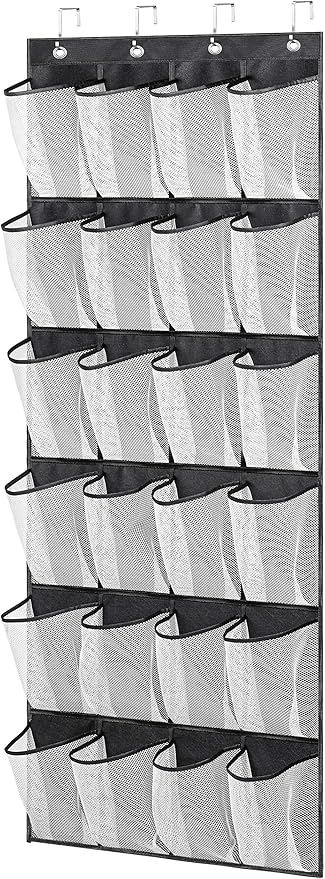 MISSLO Hanging Shoe Rack Over Door Shoe Storage Organiser Holder 24 Large Mesh Pockets with Hanger(Black)
