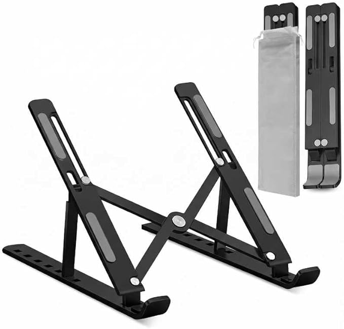 Adjustable Laptop Stand for Desk – Foldable & Portable ABS+Silicone Riser, Ventilated Cooling Holder for 10-17.3” Laptops & Tablets (Black)