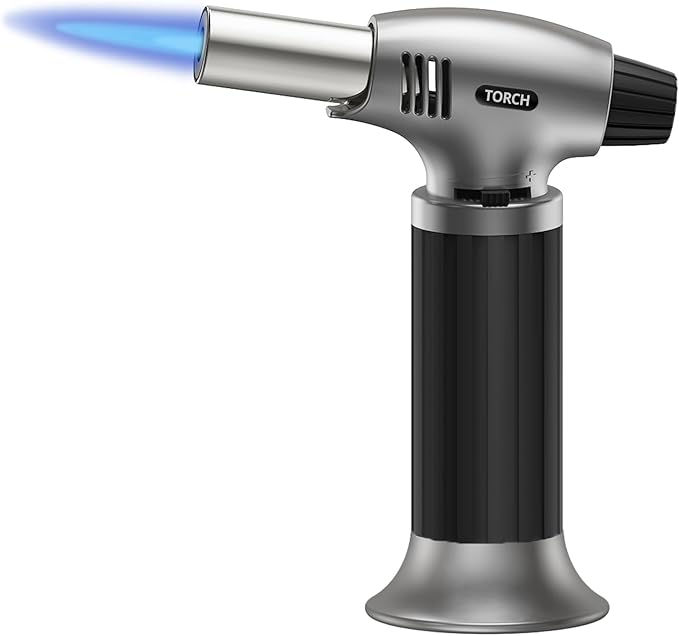Sondiko Blow Torch, Refillable Kitchen Torch, Creme Brulee Torch with Safety Lock and Adjustable Flame for Desserts, Creme Brulee, and Baking, Silvery-Black