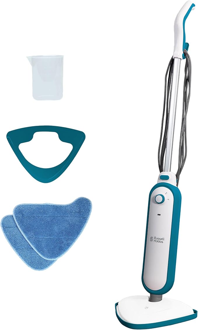 Russell Hobbs Upright Steam Mop, 1.4kW Power, 380ml Water Tank, 30-Second Heat-up, 15-Minute Run-Time, Sealed Hard Floors, Tiles, Vinyl Flooring, Carpets, Rugs in White & Aqua, RHSM1001-G[Energy Class A]