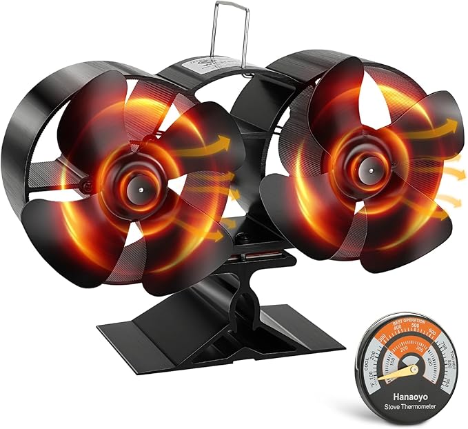 Stove Fan, Log Burner Fan with Double Motors, Heat Powered Silent Operation with Stove Thermometer, for Wood/Log Burner/Fireplace