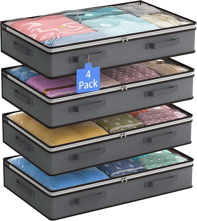 Flow fire Under Bed Storage Bag with Zip, 4 Pack 90L Large Capacity Under Bed Storage Box with Lid, Foldable Clear Underbed Storage Bags Organiser for Clothes Comforters Bedding