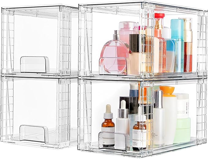 Vtopmart 4 Pack Stackable Storage Drawers,Clear Acrylic Drawer Organizers with Handles, Easily Assemble for Bathroom,Kitchen Undersink,Cabinet,Closet,Makeup,Pantry organization and Storage