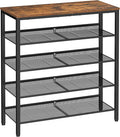 VASAGLE 5-Layer Shoe Rack, High Shoe Storage with 4 Mesh Shelves and Large Top for Bags, Space Saving for Entrance, Hallway, Steel, Industry, Rustic Brown and Black LBS038B01