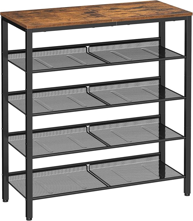 VASAGLE 5-Layer Shoe Rack, High Shoe Storage with 4 Mesh Shelves and Large Top for Bags, Space Saving for Entrance, Hallway, Steel, Industry, Rustic Brown and Black LBS038B01