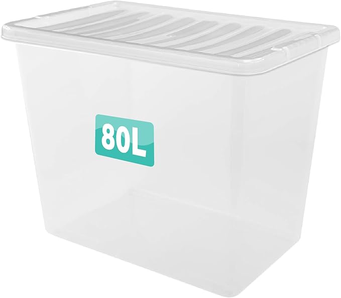 1 x 80 Litre Clear Plastic Storage Box With Lids UK BRITISH MADE Home Office Stackable Transparent Plastic Boxes, Size 5,11,24,28,35,45,62 Litre
