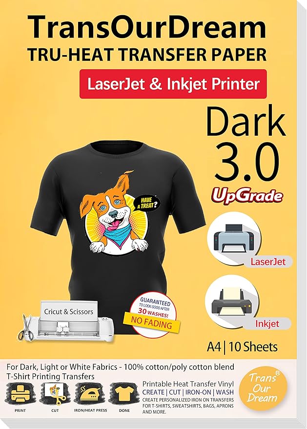 TransOurDream Tru-Transfer Paper Upgraded 3.0 10 Sheets A4 Printable Vinyl for Inkjet&Laser Printer Iron on Heat Transfer Paper for Dark Fabric Transfers Black T-Shirts (Trans-03-10)
