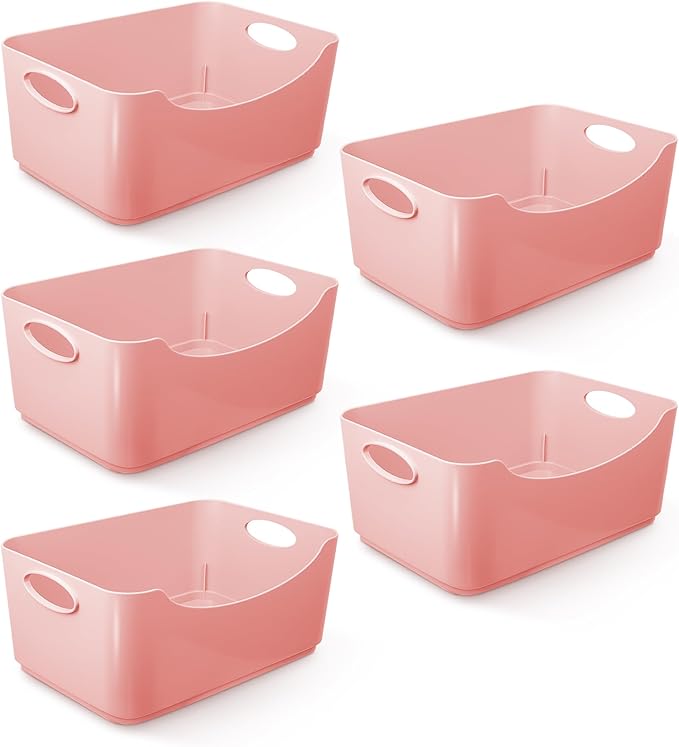 KEPLIN Plastic Studio Basket - Container Boxes for Storage Organising in Home or Office - Suitable for Shelfs Drawers Laundry Cupboard (Pink, 5 Pack)