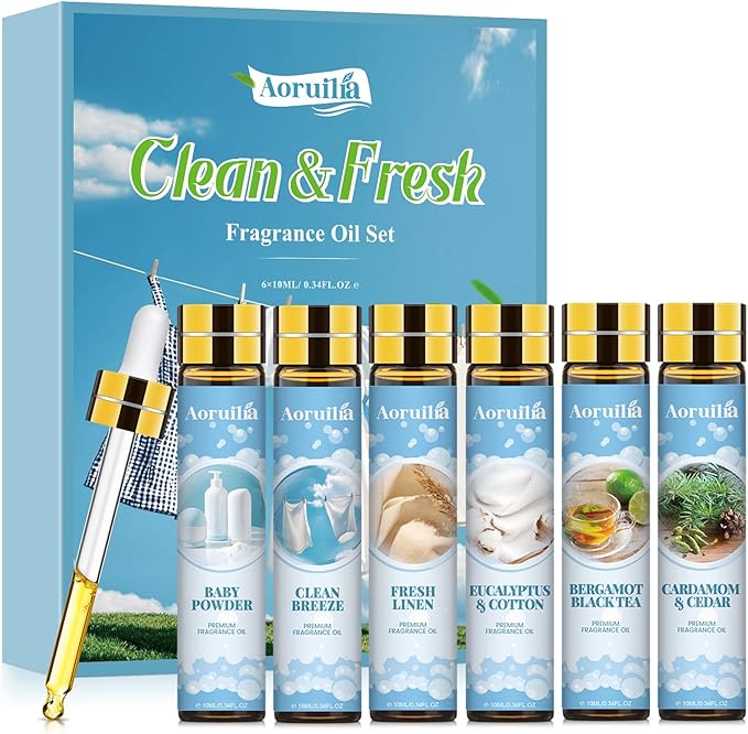 Clean Essential Oils Set 6 x 10ml, Laundry Fragrance Oils for Diffusers, Soap Making - Eucalyptus & Cotton, Bergamot Black Tea, Cardamom & Cedar, Baby Powder, Clean Breeze, Fresh Linen