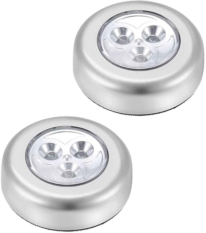 LED Battery-Powered Wireless Night Light Tap Touch Lamp, Self Adhesive Push Button for Closets, Cabinets, Counters, or Utility Rooms, Cordless Puck Shape, Batteries Not Included (2 Pack Push Lights)[Energy Class A]