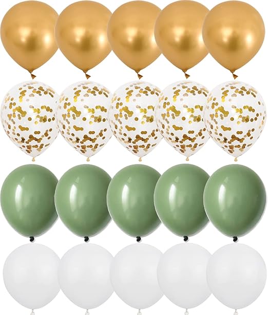 Metallic Gold Balloons - 20pcs Sage Green & White Confetti Balloons, 12in