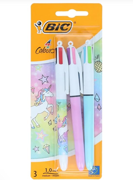 Bic - 4 Colours Unicorn Ballpoint Pens - Assorted Ink (Pack of 3), Pastel