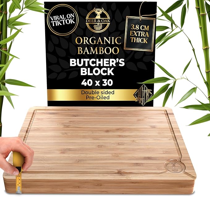 Deer & Oak Extra Large Chopping Board - 40 x 30 x 3.8cm Extra Thick Wooden Bamboo Meat Chopping Board, Butchers Block, Chopping Block for Kitchen, Heavy Duty