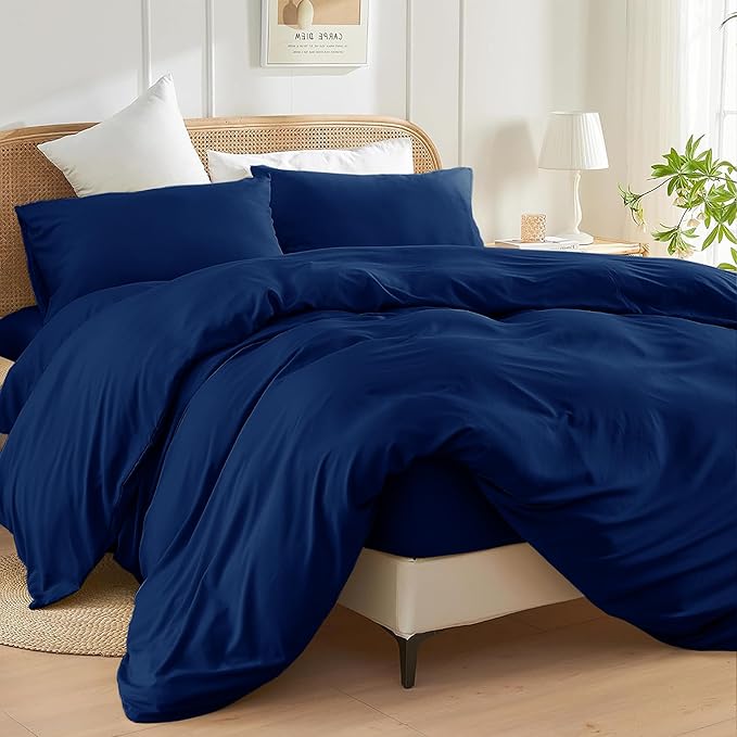Double Size Duvet Cover Sets (Navy) - 3 Pcs Brushed Microfiber Plain Dyed Quilt Cover - Bedding Set with Button Closure Include 1 Duvet Cover & 2 Pillowcases