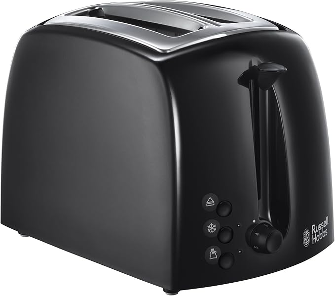 Russell Hobbs Textures 2 Slice Toaster (Extra Wide Slots, 6 Browning levels, Frozen, cancel & reheat function with indicator lights, Removable crumb tray, 850W, Black matt & high gloss finish) 21641
