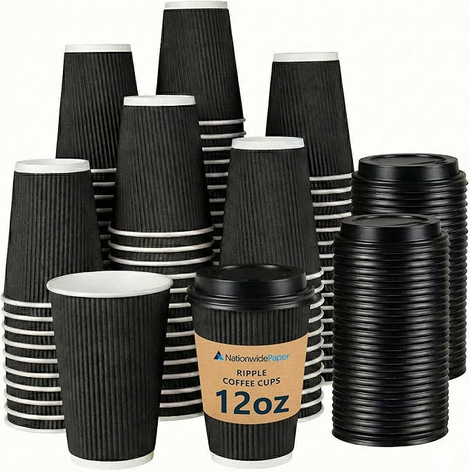 Coffee Cups with Lids, Insulated Ripple Hot Paper Cups, Disposable Cups for Takeaway Hot Drinks, (12oz-50 Pcs, Black)