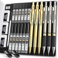 Nicpro 6PCS Gold Mechanical Pencils Set, 3 PCS 2mm Lead Holder (2B HB 2H), Clutch Propelling Drafting Pencil 0.5 mm & 0.7 mm & 0.9 mm For Writing, Sketching Drawing With 12 Tube Lead Refills Case