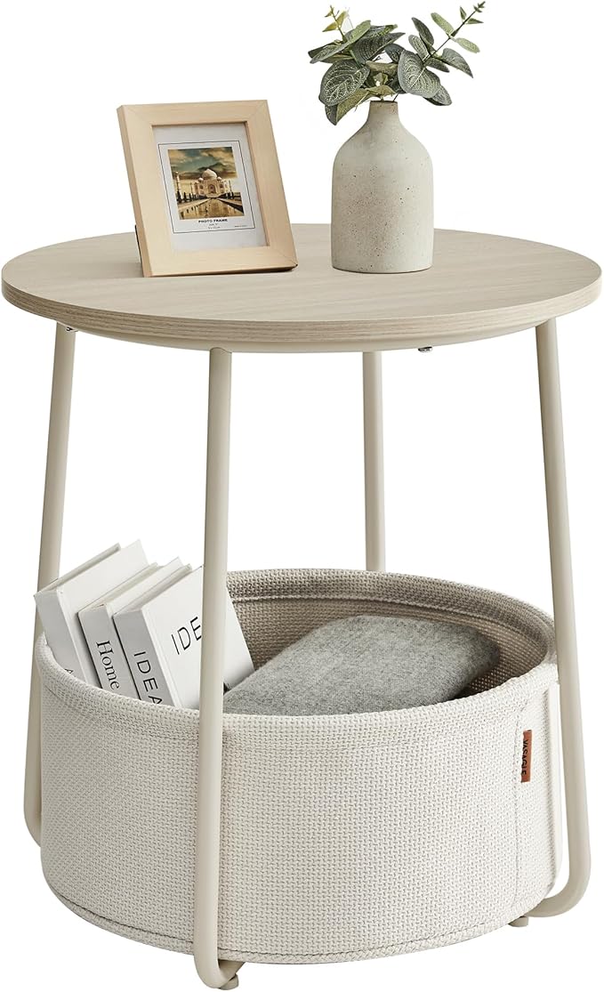 VASAGLE Side Table, Round End Table with Fabric Basket, Spacious, for Living Room Bedroom, Bedside Table, Modern Style, Cream White LET223K67