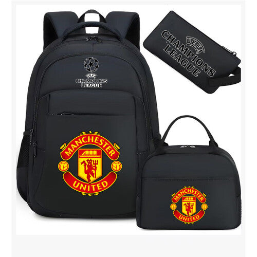 (Black Manchester United) Football star peripheral backpack student schoolbag three-piece lunch bag pencil bag children men's style